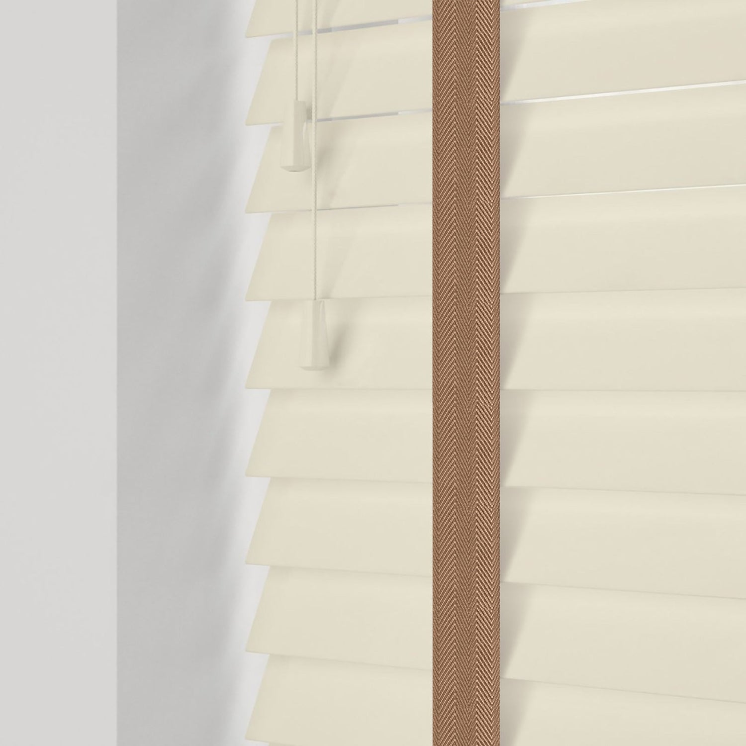 Gloss Creme Real Wooden Blinds With Toffee Tapes - Zen Shades