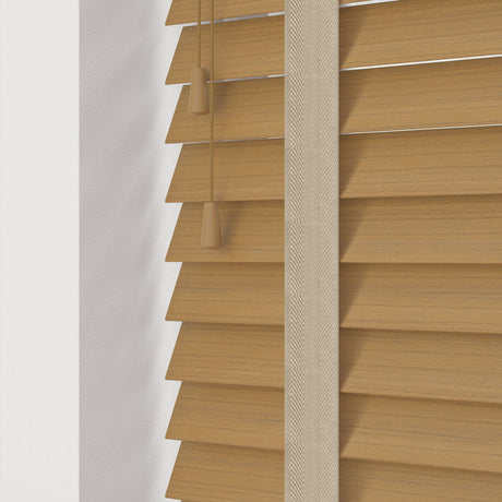 Desert Oak Faux Wood Blinds With Light - Beige Tapes - Zen Shades