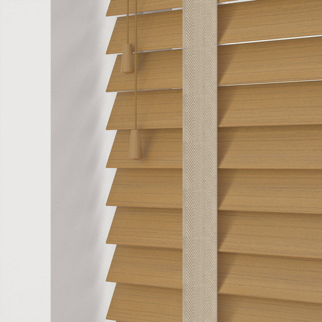 Desert Oak Faux Wood Blinds With Light - Beige Tapes - Zen Shades